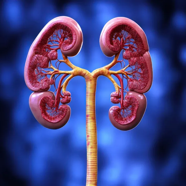 3D kidneys illustration showing renal arteries, veins, and ureters connected down the center on a blue background.