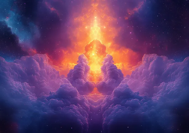 A glowing cosmic nebula in purple, blue, and orange rises above mirrored clouds beneath a symmetrical star field.