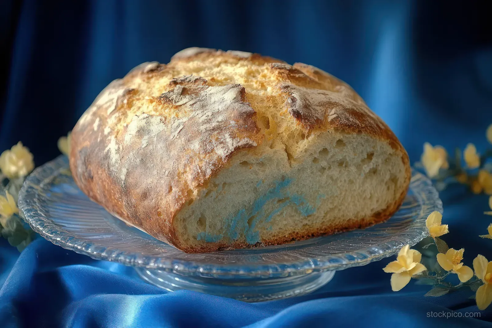 Rustic loaf of bread with a cracked golden crust on a glass cake stand atop blue satin fabric with yellow flowers.