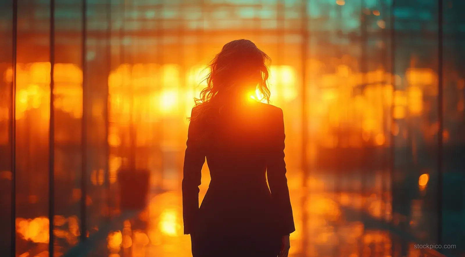 A businesswoman in sunglasses walks through downtown at sunset with warm reflections on city buildings.