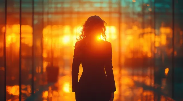 A businesswoman in sunglasses walks through downtown at sunset with warm reflections on city buildings.