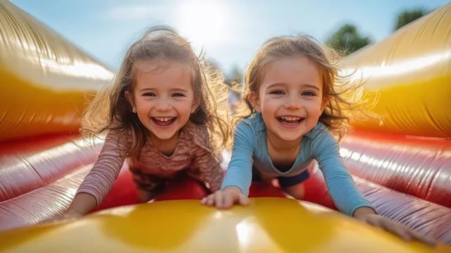 Children crouch and tumble on the inflatable slides of a colorful bouncy castle outdoors in bright sunlight.