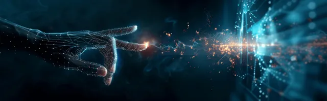 A human hand interacts with a holographic interface on a dark blue background, symbolizing AI and big data connectivity.