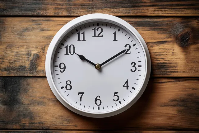 White round analog wall clock mounted on rustic wooden planks shows 10:10 with black hands and numbers.