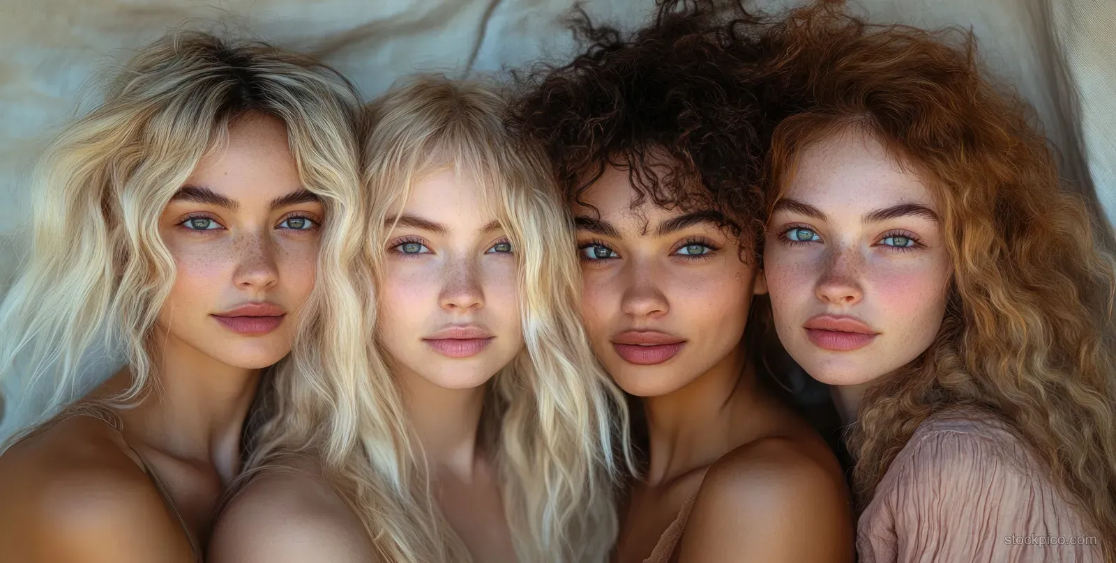 Four women pose together with arms around each other in a warm solidarity portrait.