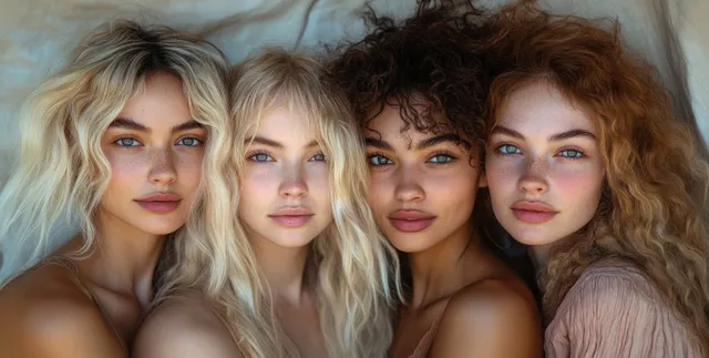 Four women standing shoulder to shoulder, arms around each other in warm solidarity portrait