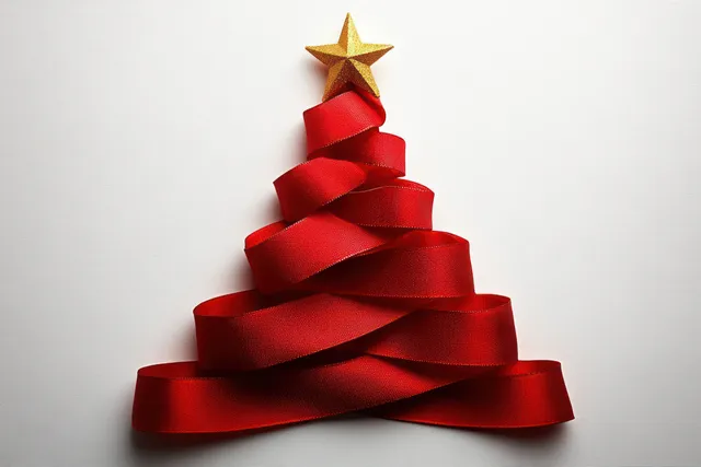 Minimalist Christmas ribbon tree with golden star on plain white background