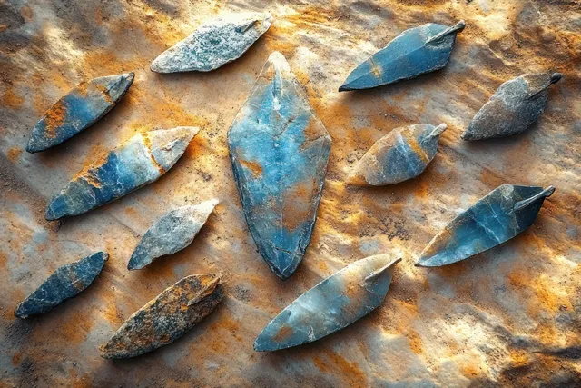 Ancient flint arrowheads arranged on sandy ground with weathered textures and warm sunlight