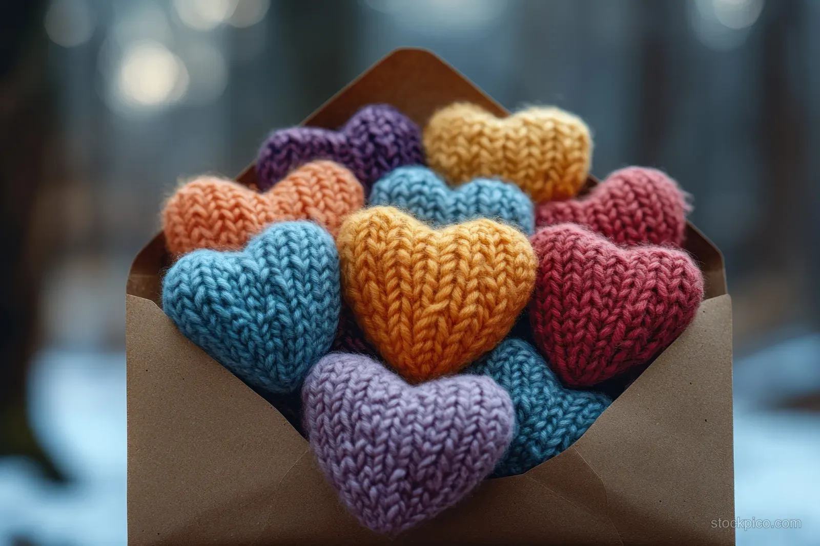 Colorful knitted hearts are tucked into an open envelope with a softly blurred background.