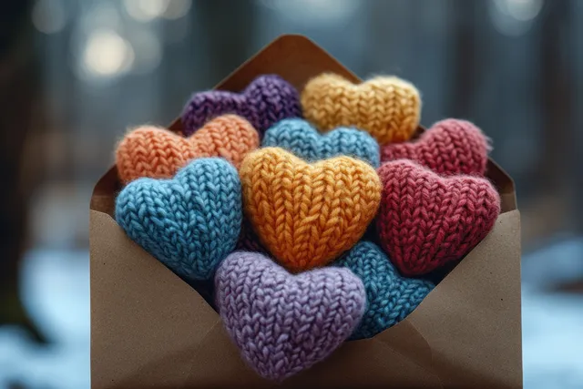 Colorful knitted hearts are tucked into an open envelope with a softly blurred background.