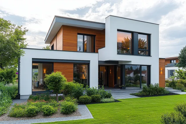 Modern two-story house with large windows and a landscaped front lawn with shrubs under partly cloudy skies.