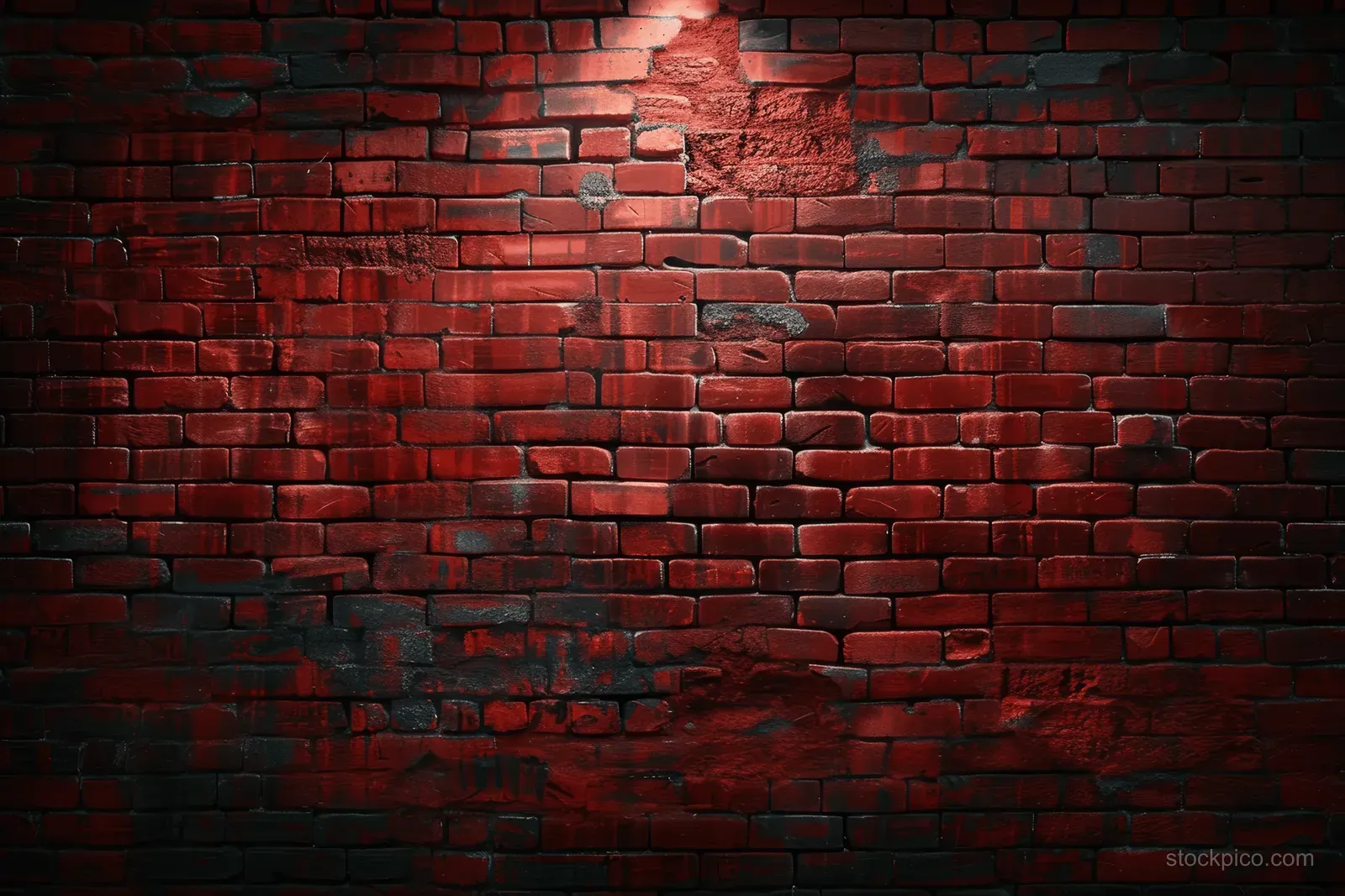 Red brick wall illuminated by dramatic side lighting with deep, textured shadows.