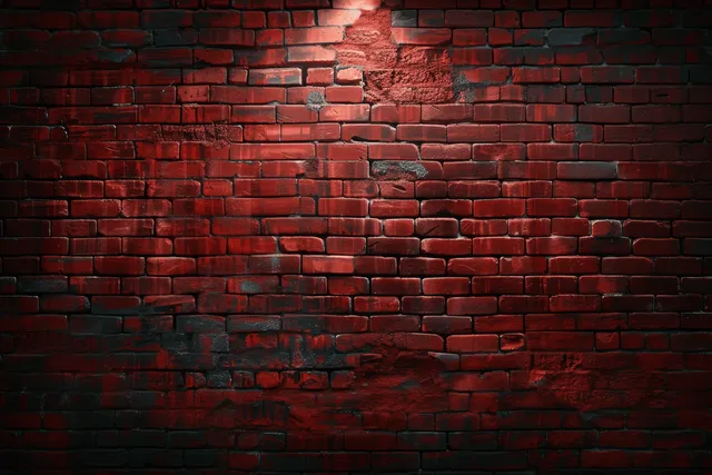 Red brick wall illuminated by dramatic side lighting with deep, textured shadows.