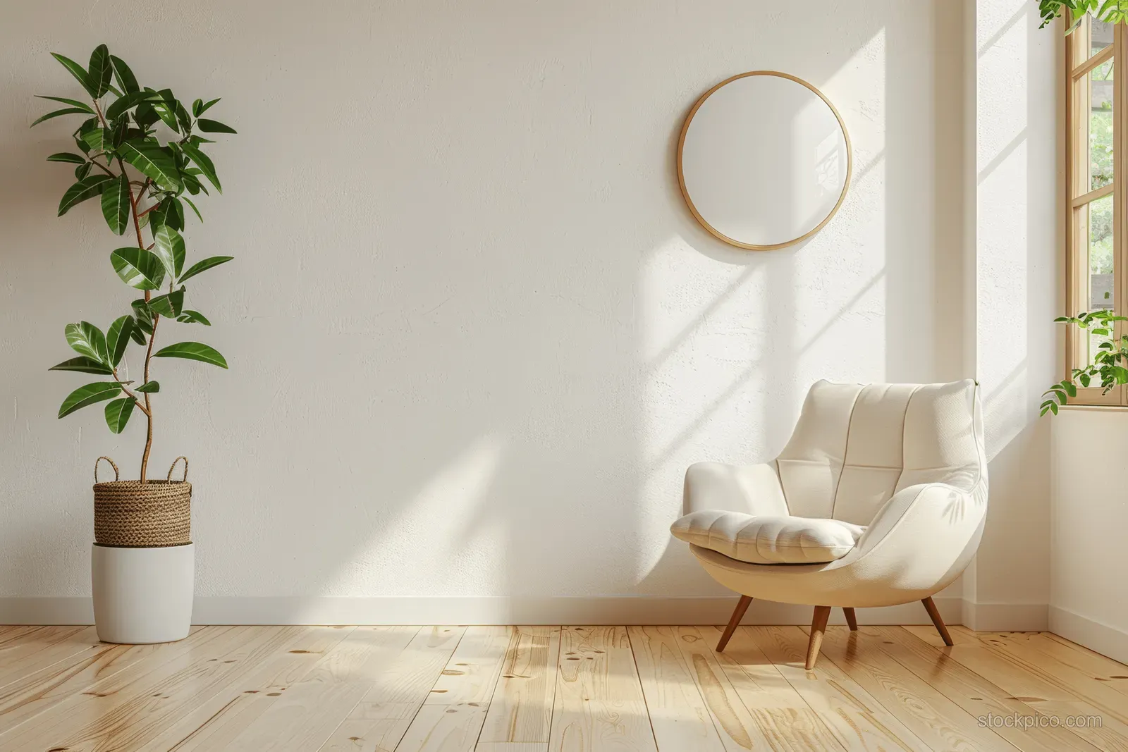 Sunlit minimalist living room with a beige lounge chair, wooden floor, white wall, and potted plant by the window.