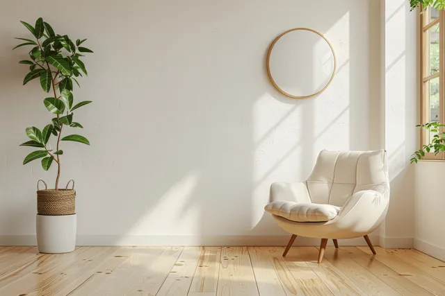 Sunlit minimalist living room with a beige lounge chair, wooden floor, white wall, and potted plant by the window.