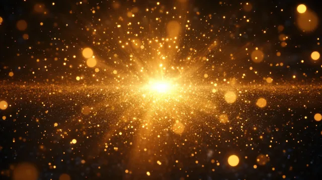 Golden light explosion radiates outward with glowing particles and sparkling dust on a dark background.