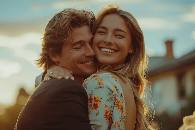 Young couple embraces and smiles outside their new modern home at sunset