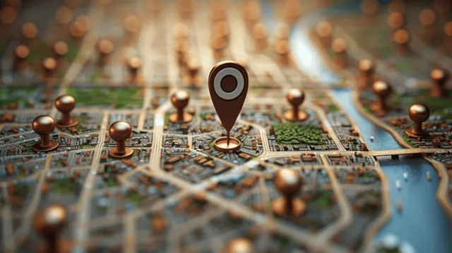 A central GPS pin on a 3D city map with blurred street grid and scattered small location markers.