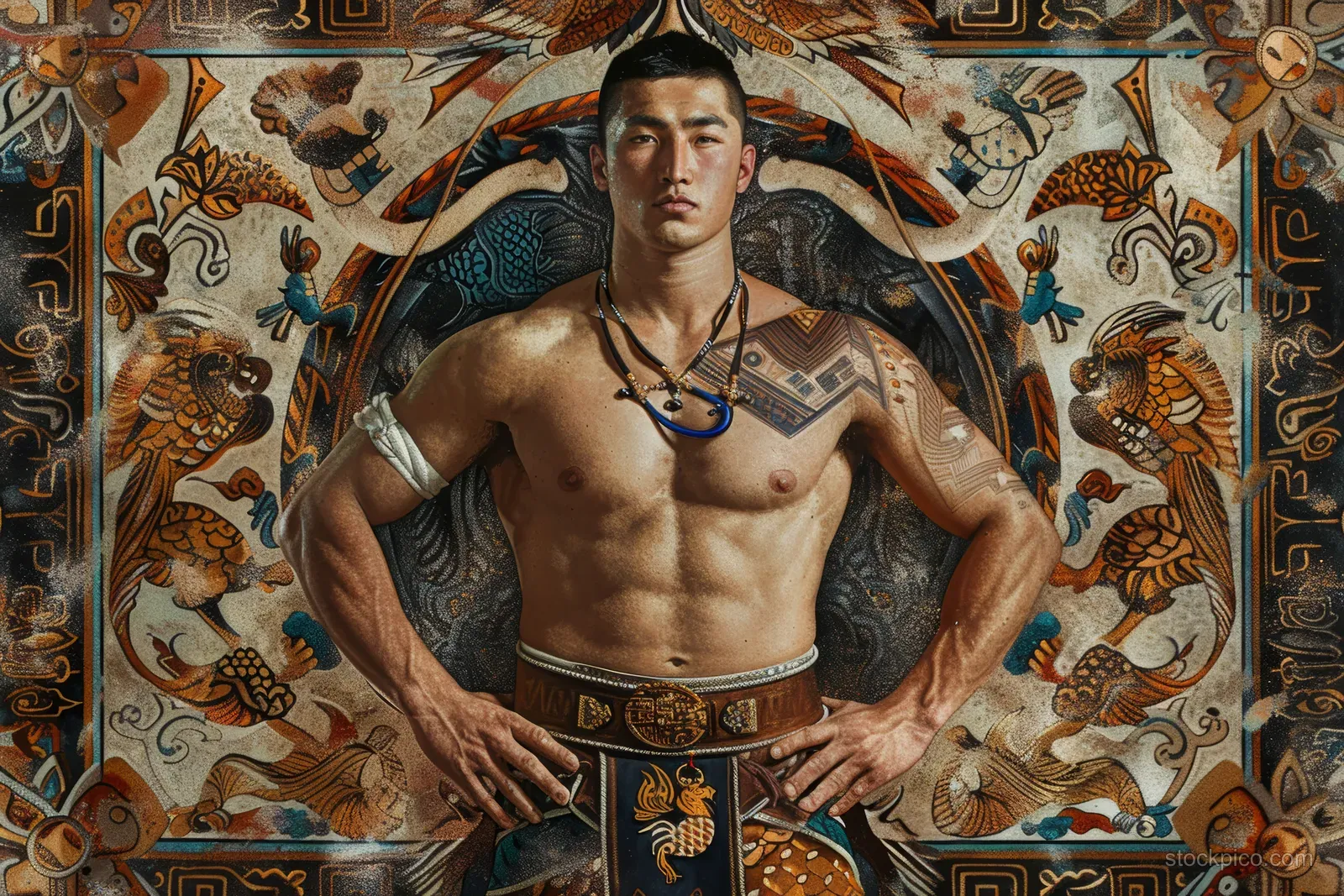 Kazakh wrestler stands victorious with hands on hips in traditional attire before an ornate patterned mural backdrop.