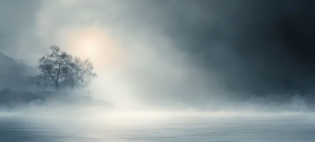 Misty lakeside landscape with ink-wash glow, drifting smoke, and a lone tree