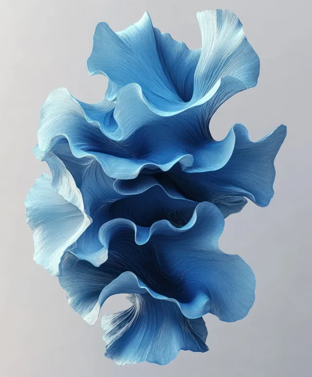 Blue abstract flower fabric texture with rippled folds and soft studio lighting