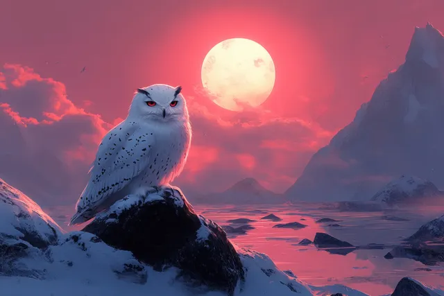 Snowy owl perched on a snowy branch as a full moon and pink mountains fill the background at twilight.