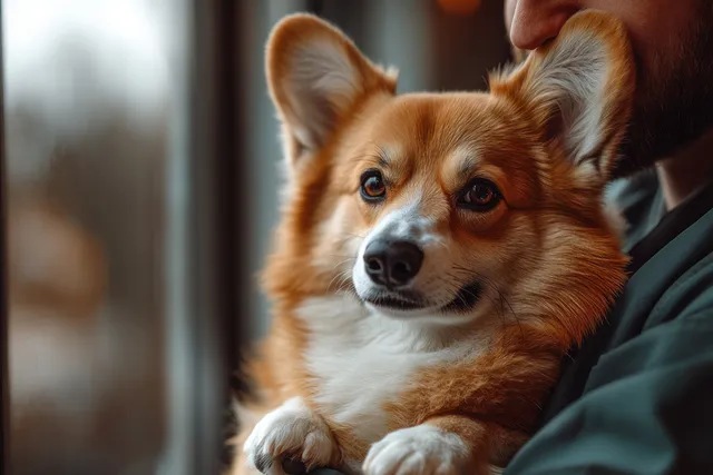 A veterinarian cradles a Pembroke Welsh corgi in their arms inside a bright veterinary clinic room.