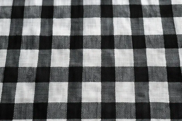 Black and white checkered woven fabric close-up showing a repeating square grid and textured threads.
