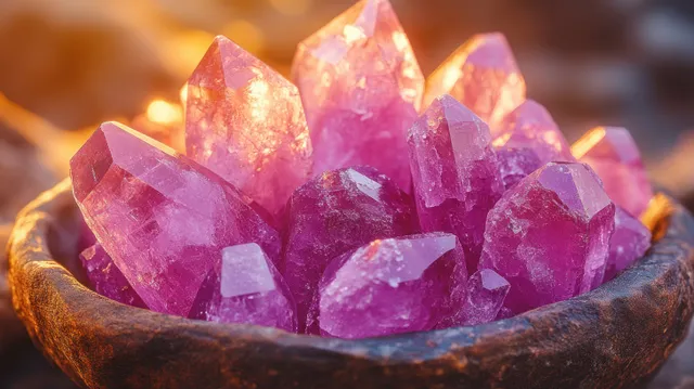 Pink quartz crystals in rustic bowl with warm natural sunlight and sparkling facets