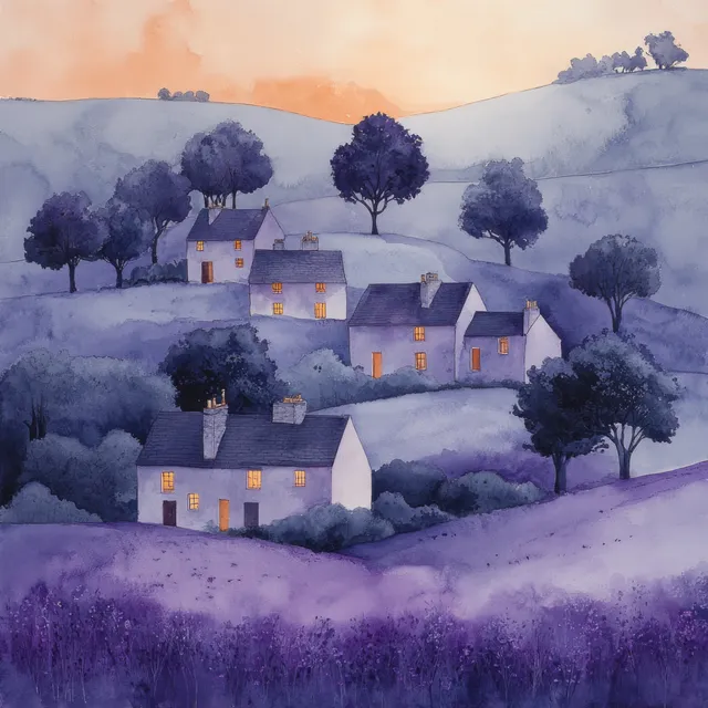 Watercolor village houses with warm windows sit across misty purple and grey hills under soft clouded sky.