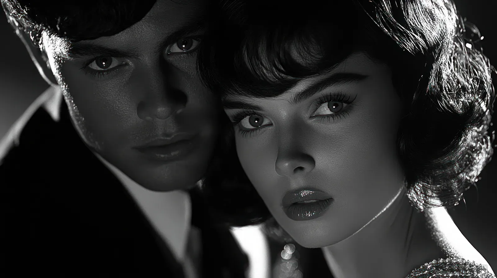 Two elegantly dressed gangster figures pose close-up in dramatic black and white noir lighting.