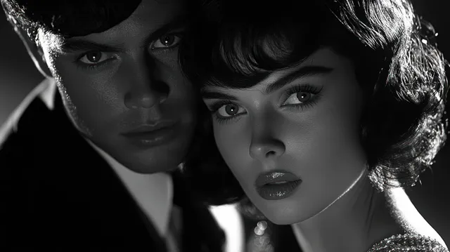 Two elegantly dressed gangster figures pose close-up in dramatic black and white noir lighting.