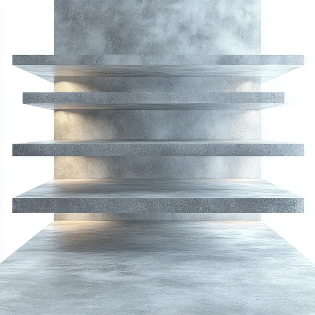 Minimalist concrete floating shelves glow with soft light against a textured concrete wall in a bright empty room.