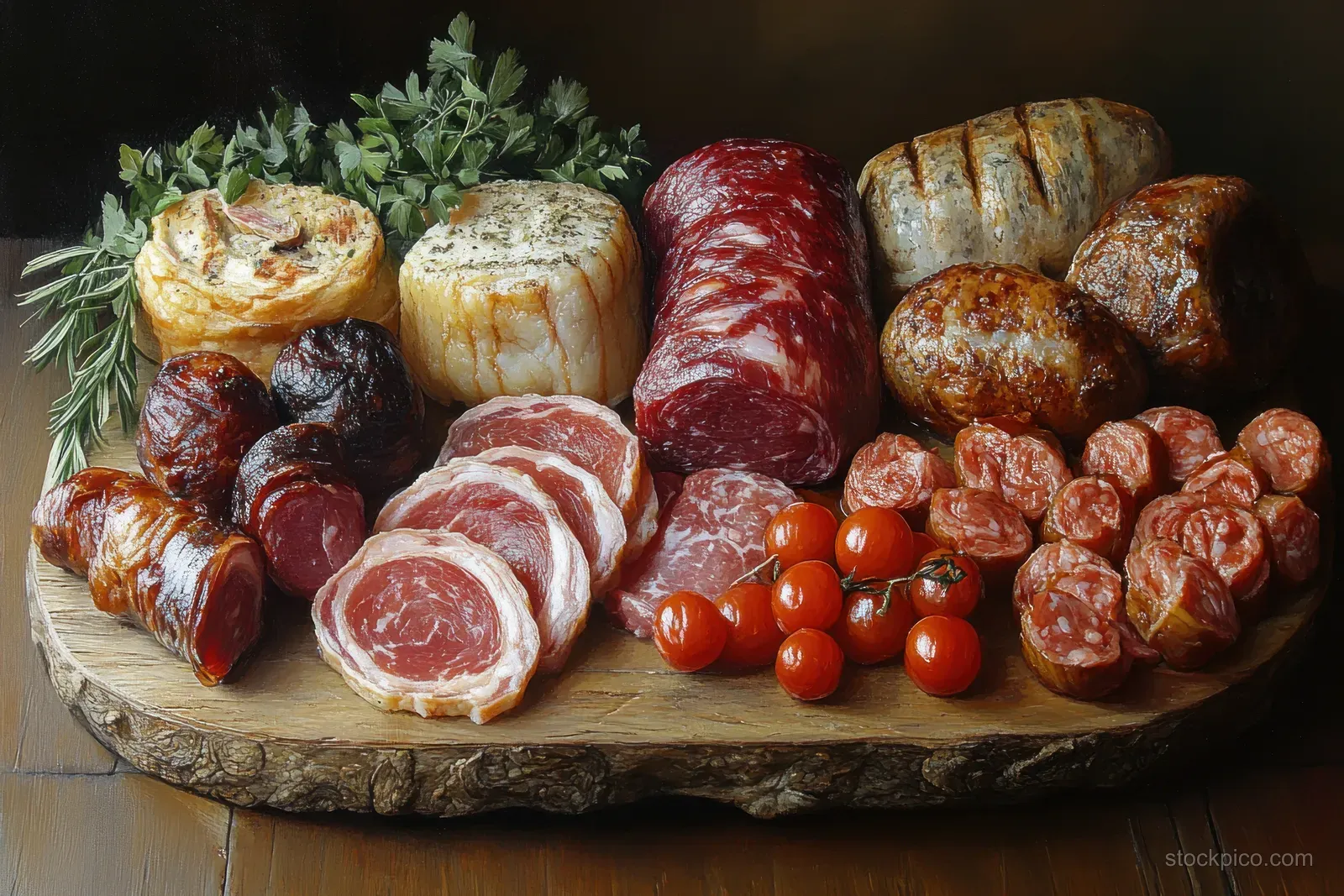 Assorted cured meats, sausages, and sliced chicken arranged on a rustic wooden platter with tomatoes and herbs.