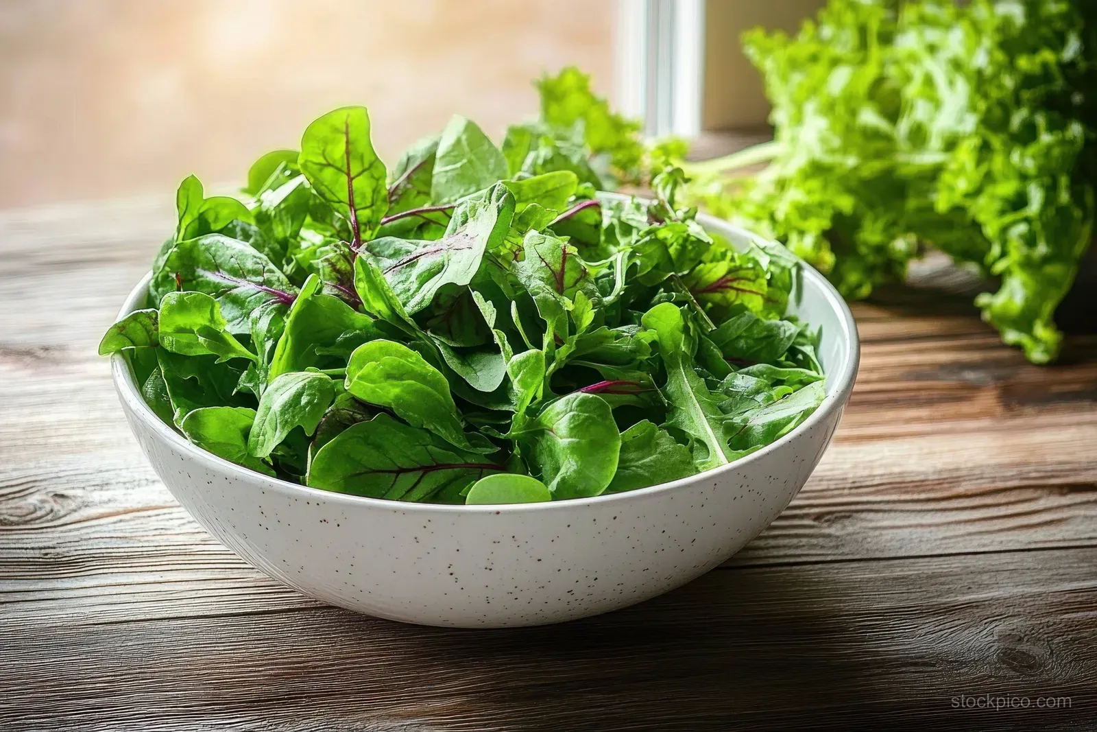 Mixed green salad leaves in a white ceramic bowl on a wooden table under soft window light.