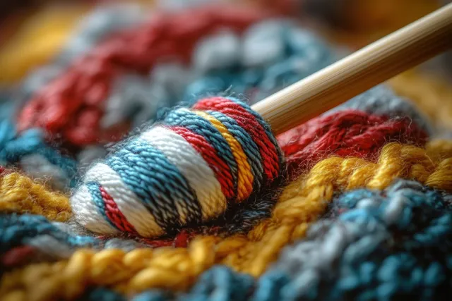 Colorful yarn is wound around a wooden spindle on textured knitted fabric in warm tones.