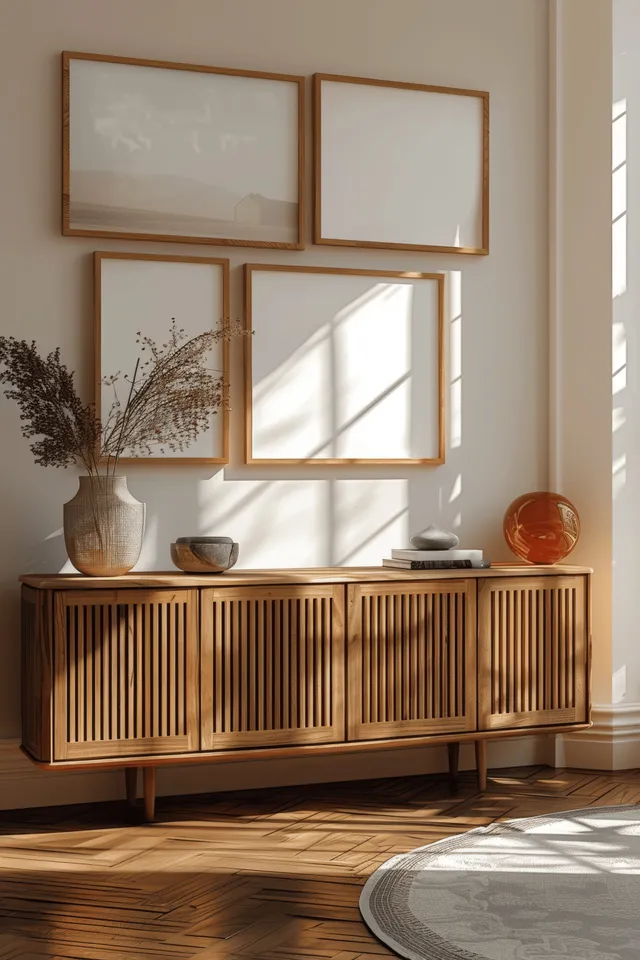 Minimalist wooden sideboard with slat doors under framed empty wall mockups in bright window light.