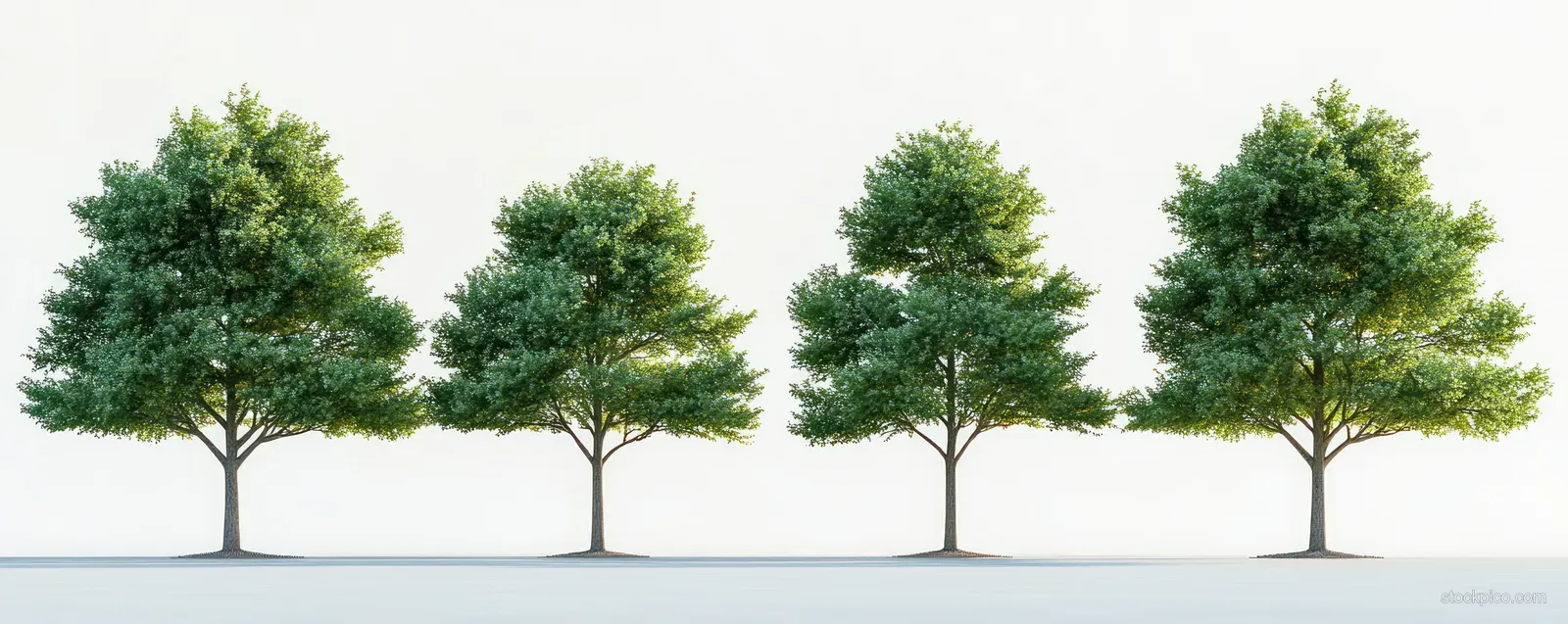 Four small tree silhouettes of Quercus palustris stand on a white background in a symmetrical minimalist composition.