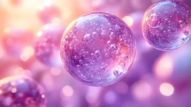 Glossy purple gel-like droplets resembling hyaluronic acid float over a soft pink bokeh background.