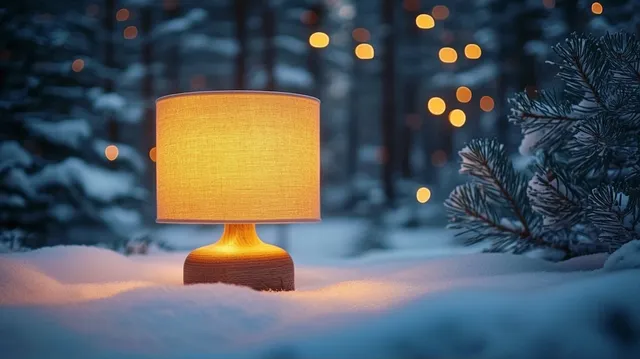 Warm glowing table lamp on snow-covered ground in a winter forest, bokeh lights behind