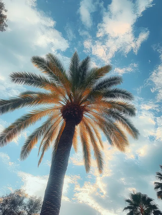 A tall palm tree with sunlit fronds against a partly cloudy blue sky.