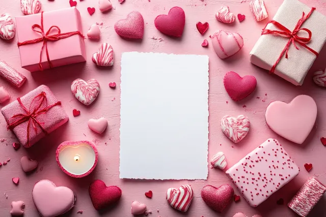 Blank white Valentine card centered among heart candies, wrapped gifts, and a lit candle on pink background.