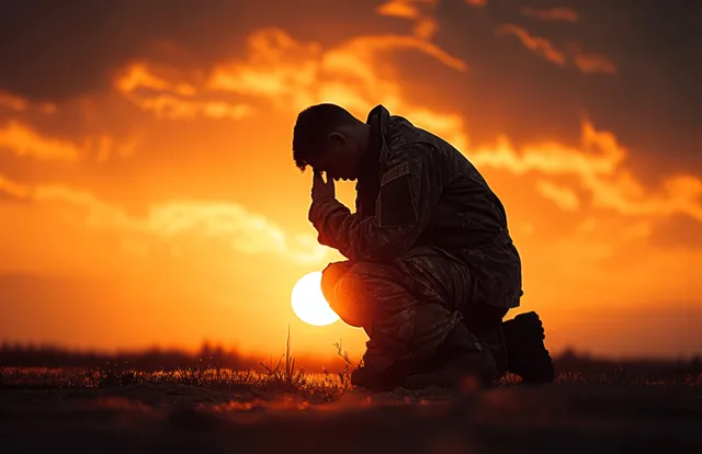 Silhouetted man kneeling in prayer against a glowing sunset sky