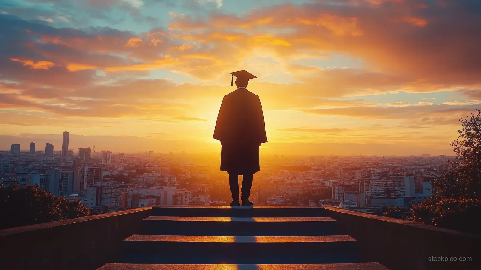 A silhouetted graduate walks up sunlit steps toward a sunrise with a city skyline in the background.