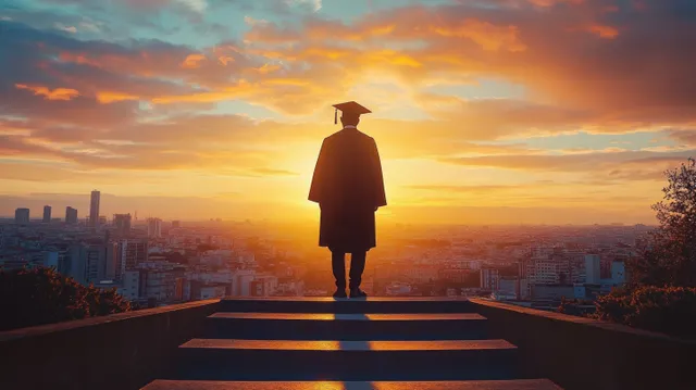 A silhouetted graduate walks up sunlit steps toward a sunrise with a city skyline in the background.