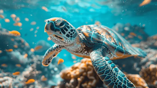 A sea turtle glides above a coral reef while small tropical fish swim nearby in clear blue water.