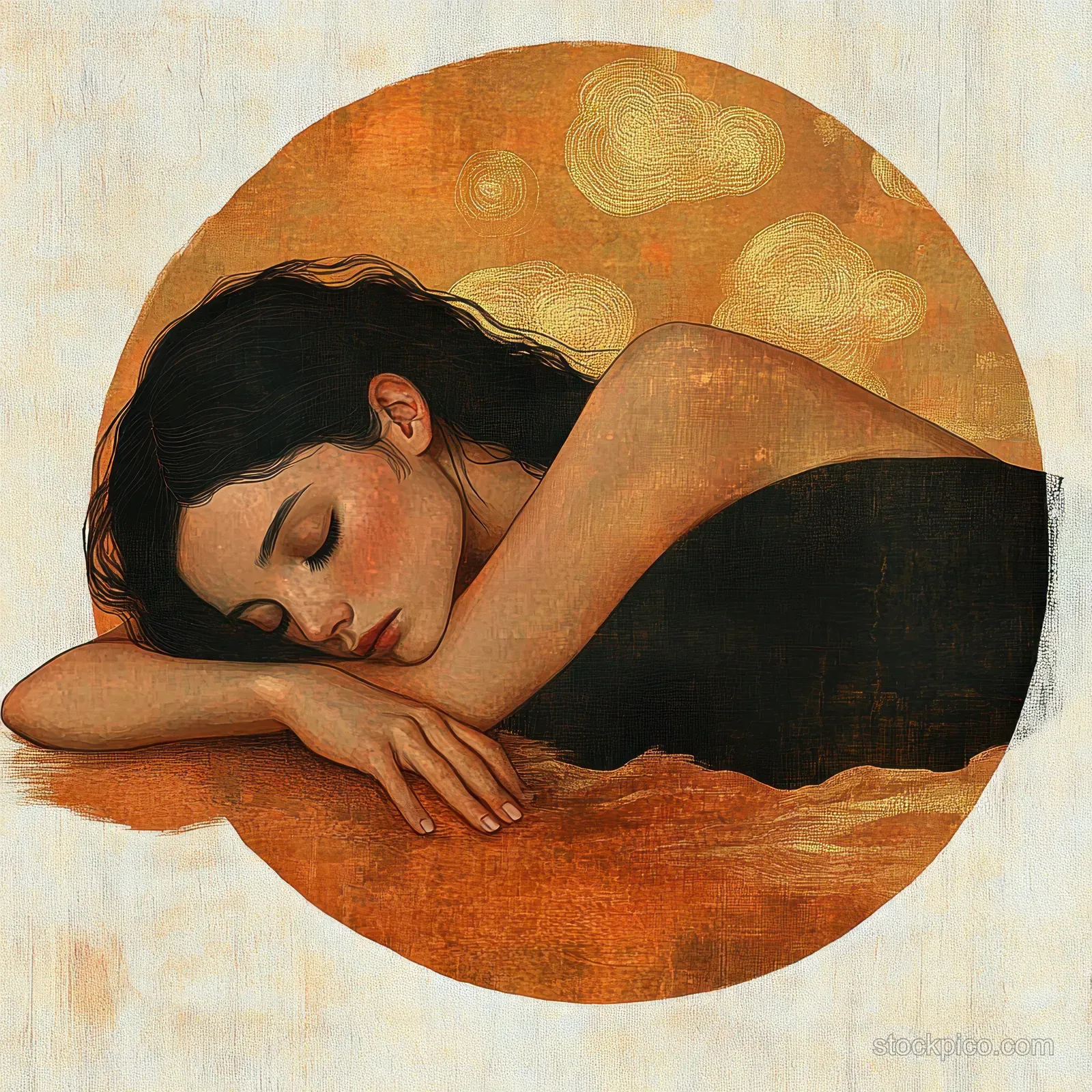 Woman resting her head on crossed arms with eyes closed, shown against a warm circular abstract cloud background.