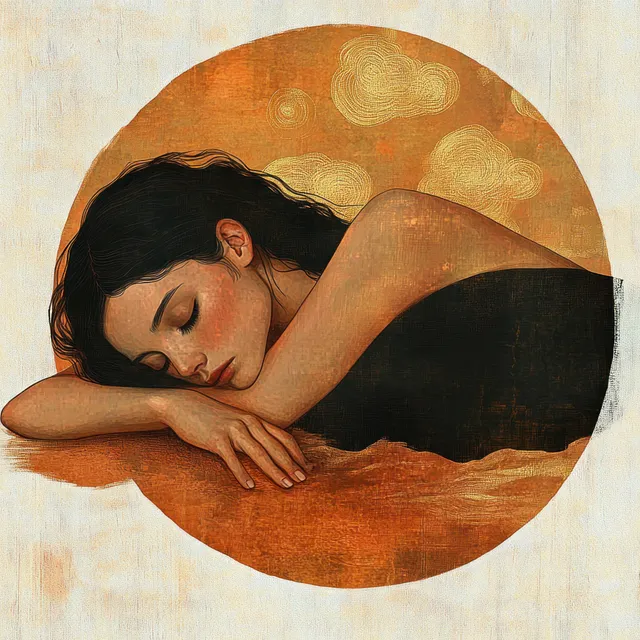 Woman resting her head on crossed arms with eyes closed, shown against a warm circular abstract cloud background.