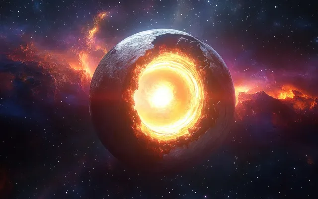 Cutaway Earth shows a bright glowing core with surrounding layers and fiery cosmic clouds in front of stars.