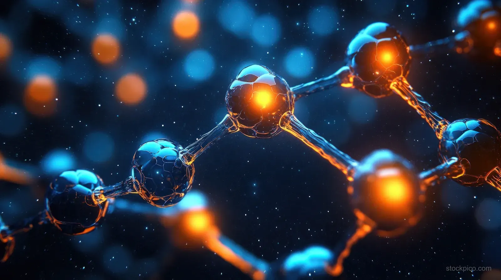 Neon blue and orange atoms connected by glowing molecular bonds float in a dark futuristic space scene.